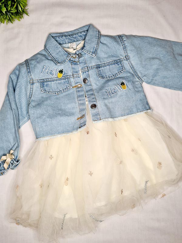 Adorable denim jacket with cream tulle dress