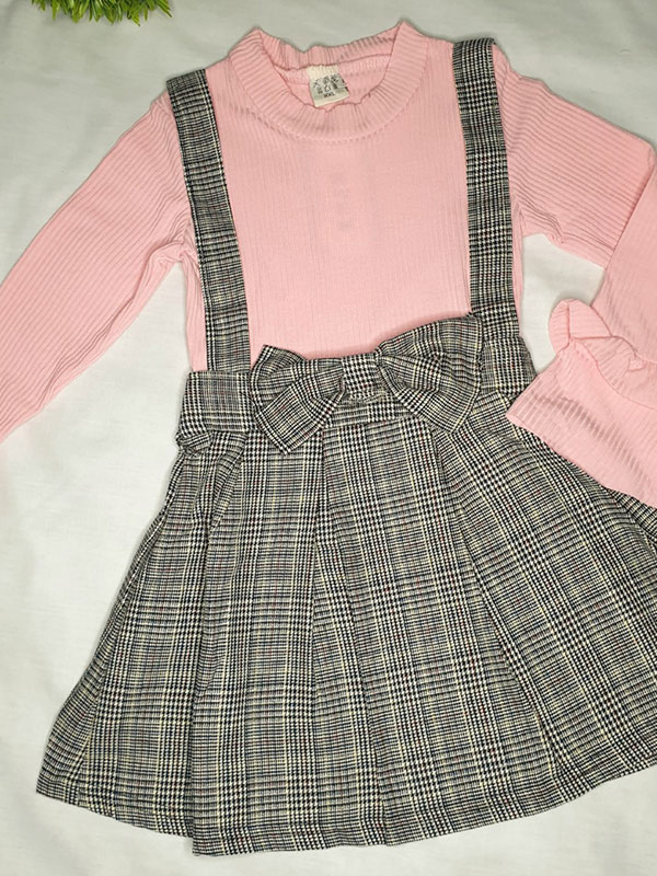 Pink top & plaid dress